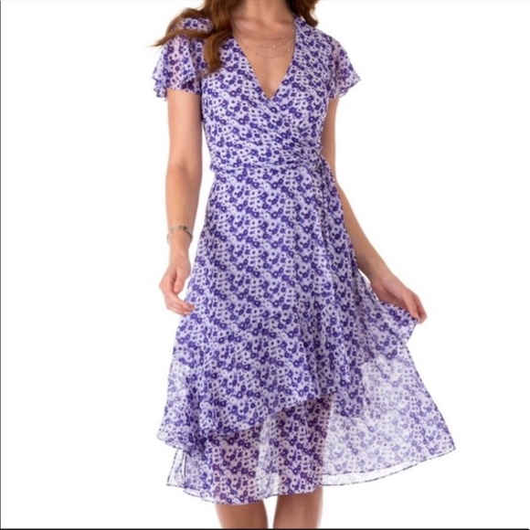Michael Kors Dresses & Skirts - Michael Kors L purple floral wrap chiffon georgette dress midi